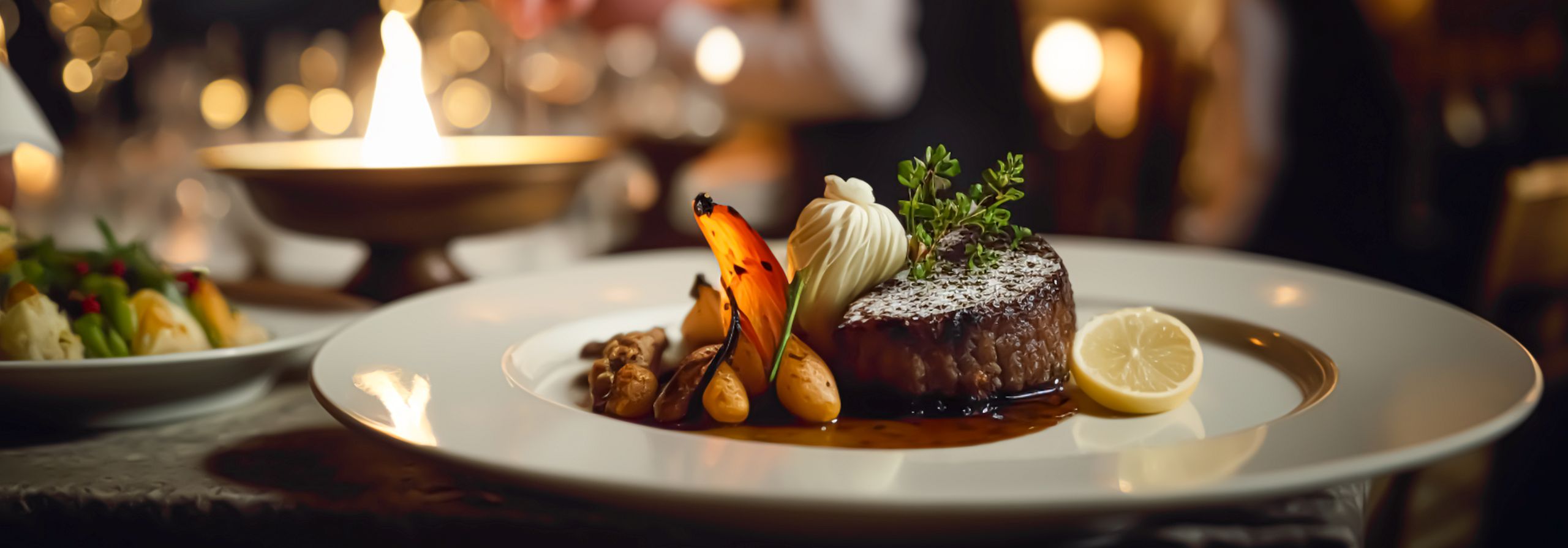 Luxury food service, main course served by a waiter at a wedding celebration or formal event in classic English style at luxurious hotel or country estate. Generative AI